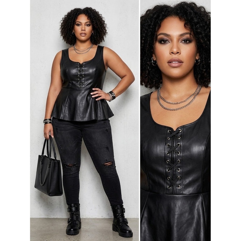 Torrid Black Faux Leather Lace Up Peplum Tank Top Corset Style Size 0 L XL